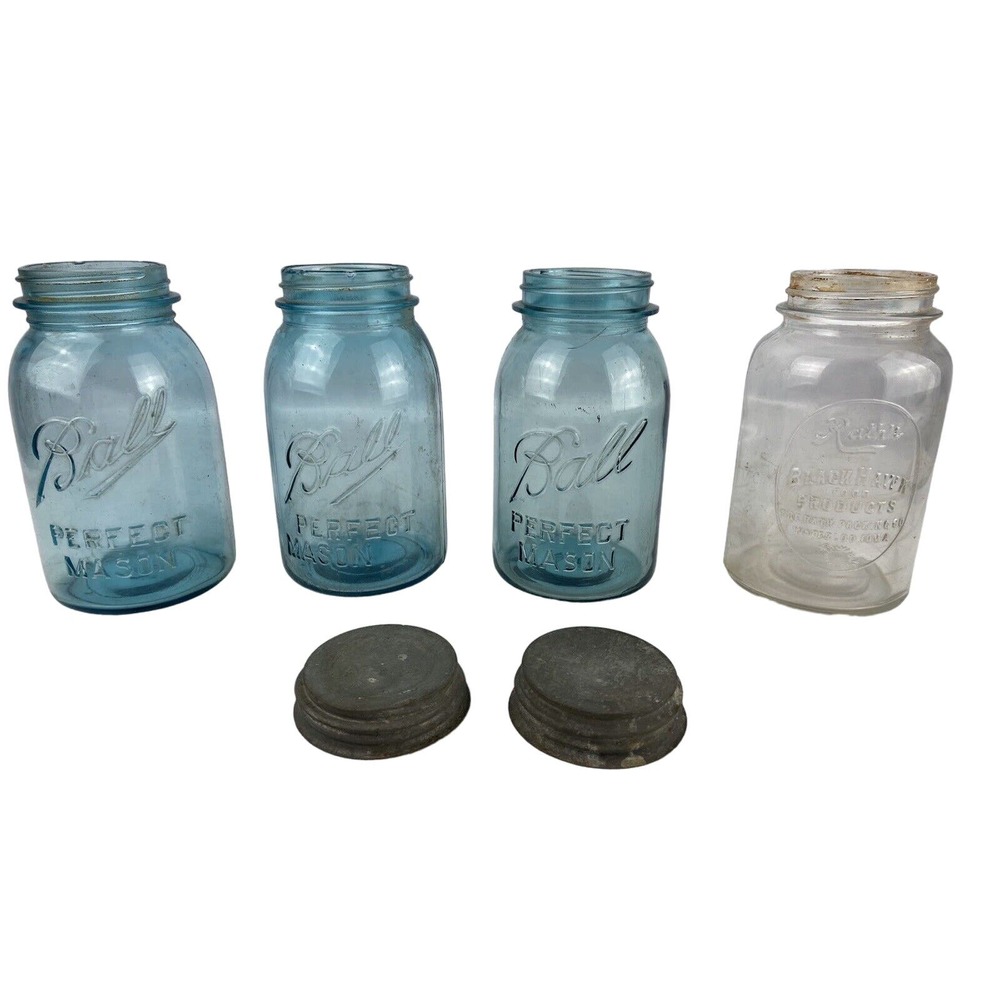 Antique 4 Jar Lot Quart Mason Blue Ball Rath’s Black Hawk Zinc Caps Lids Atlas